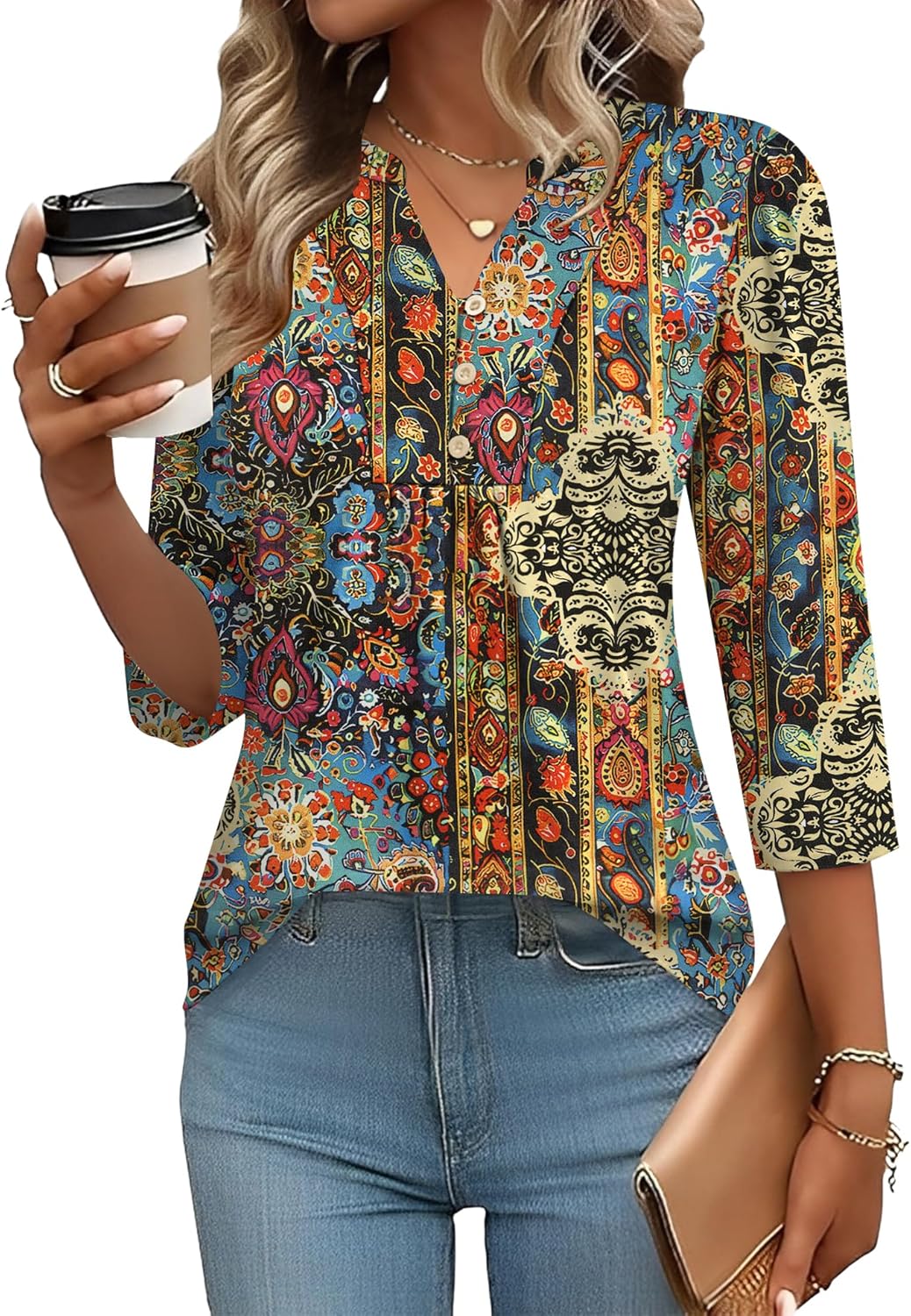 IECCP 3/4 Length Sleeve Womens Tops Dressy Casual Henley V-Neck Summer Tops Pleated T-Shirts Loose Fit Work Blouses