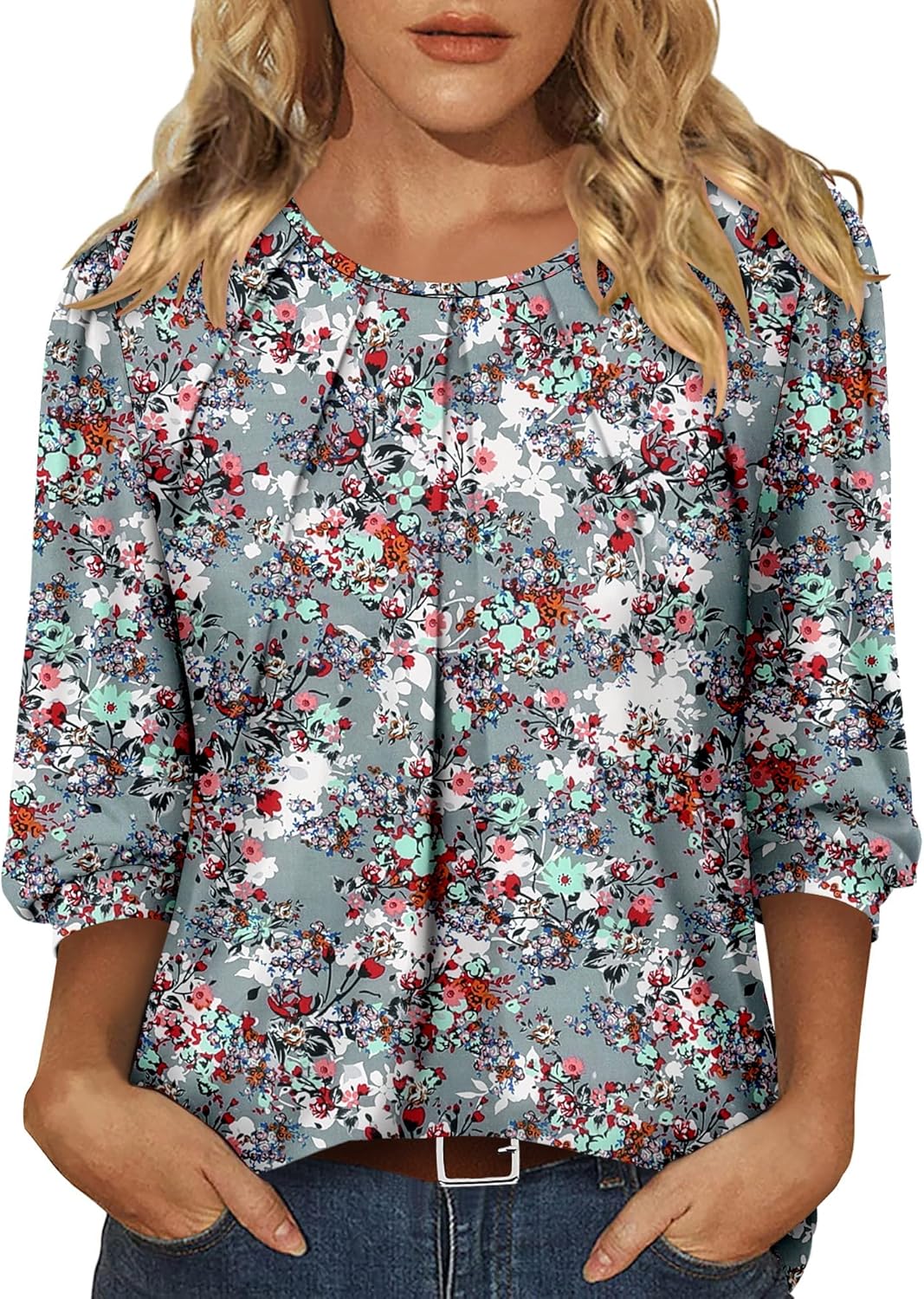 CRAZY GRID 3/4 Length Sleeve Women Tops Crewneck Pleated Cute Blouses Dressy Casual Summer T Shirts Loose Fit