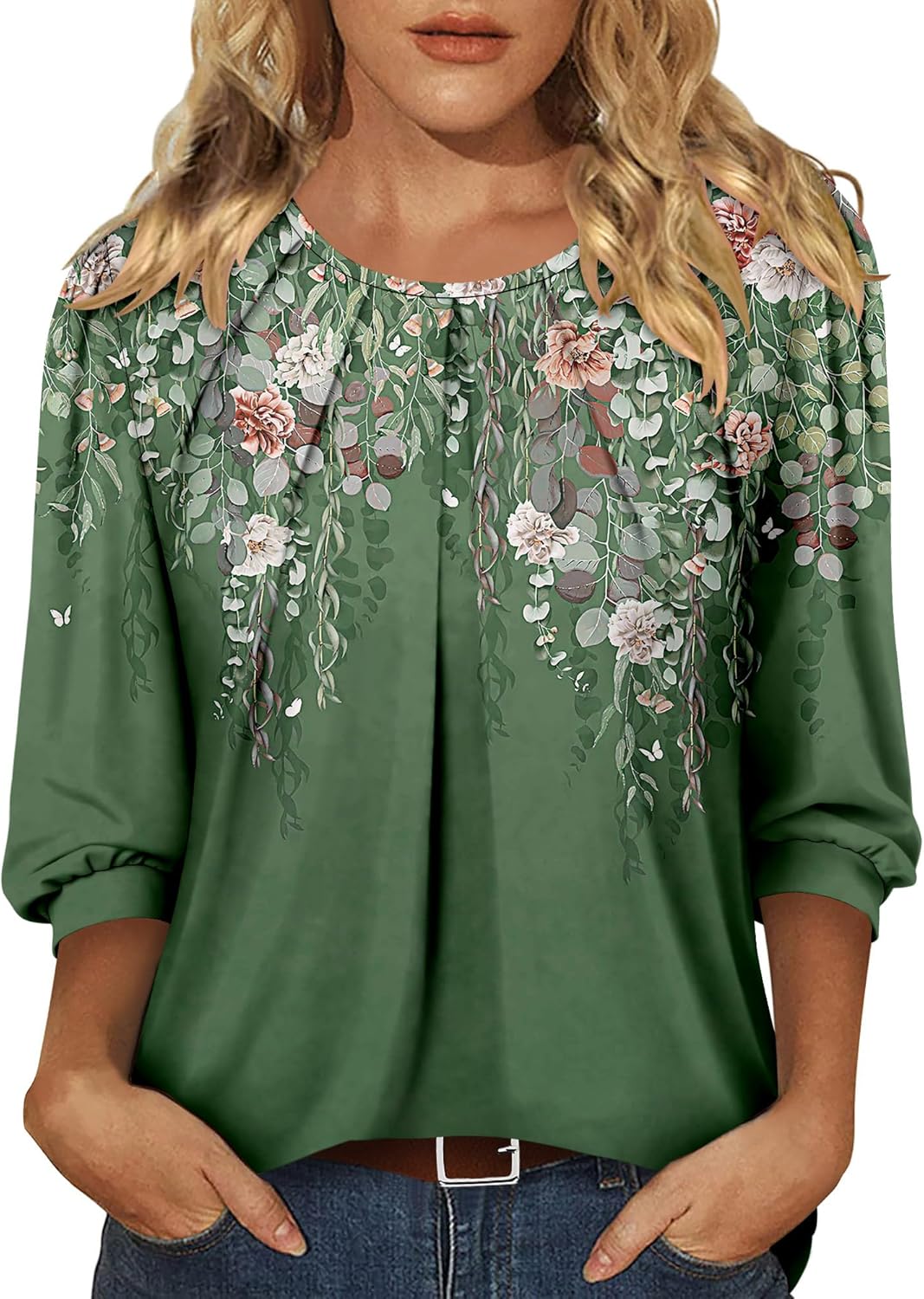 CRAZY GRID 3/4 Length Sleeve Women Tops Crewneck Pleated Cute Blouses Dressy Casual Summer T Shirts Loose Fit