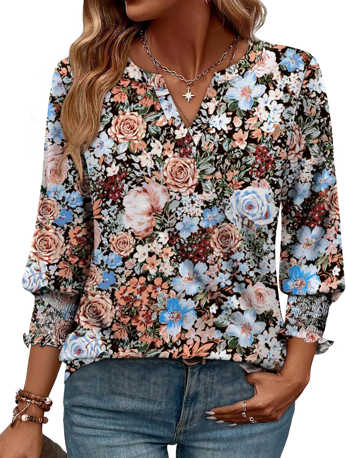 WIHOLL 3/4 Length Sleeve Womens Tops Summer Shirts Spring Vacation Outfits Dressy Casual Trendy Fall S-3XL