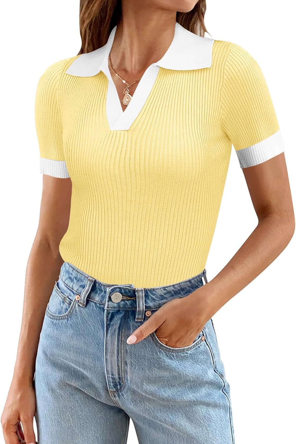 Ivicoer Womens V Neck Sweaters Dressy Casual Short Sleeve Sweater Slim Fit Lightweight Knit Tops