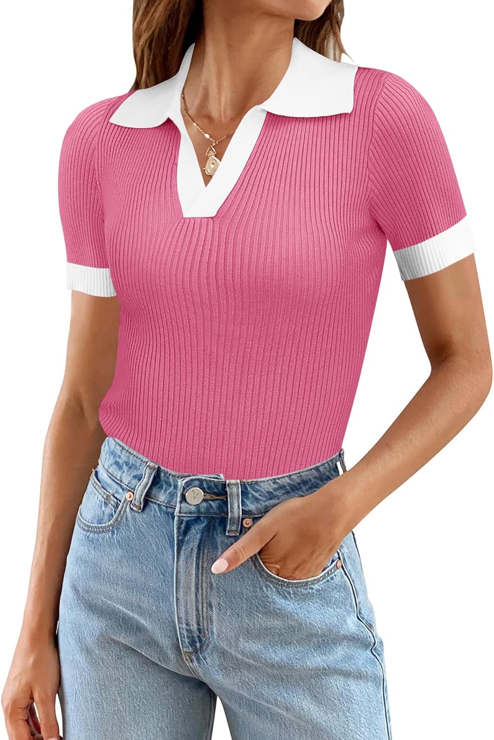 Ivicoer Womens V Neck Sweaters Dressy Casual Short Sleeve Sweater Slim Fit Lightweight Knit Tops
