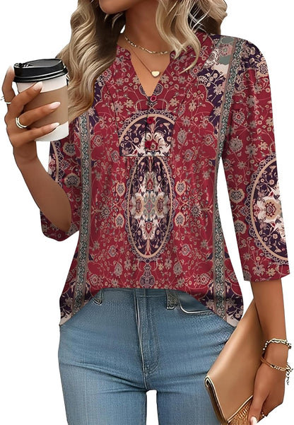 IECCP 3/4 Length Sleeve Womens Tops Dressy Casual Henley V-Neck Summer Tops Pleated T-Shirts Loose Fit Work Blouses