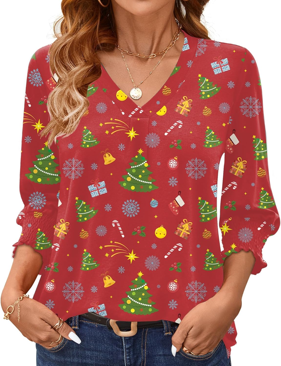 AKEWEI 3/4 Length Sleeve Womens Tops Summer Fashion V Neck Business Casual Blouses Smocked Shirts