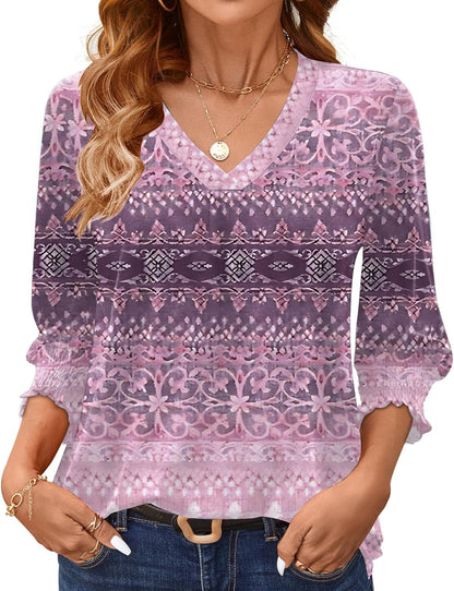 AKEWEI 3/4 Length Sleeve Womens Tops Summer Fashion V Neck Business Casual Blouses Smocked Shirts