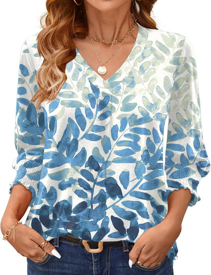 AKEWEI 3/4 Length Sleeve Womens Tops Summer Fashion V Neck Business Casual Blouses Smocked Shirts