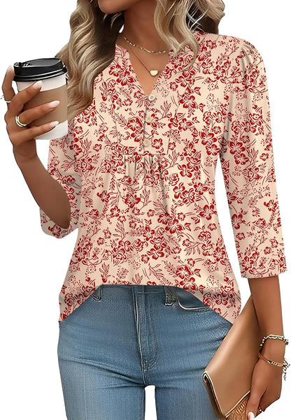 IECCP 3/4 Length Sleeve Womens Tops Dressy Casual Henley V-Neck Summer Tops Pleated T-Shirts Loose Fit Work Blouses