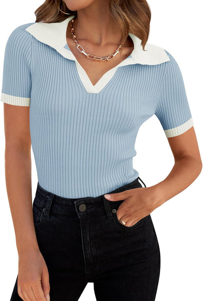 ZESICA Women's Short Sleeve V Neck T Shirts 2026 Summer Ribbed Knit Slim Fitted Basic Solid Color Tee Tops