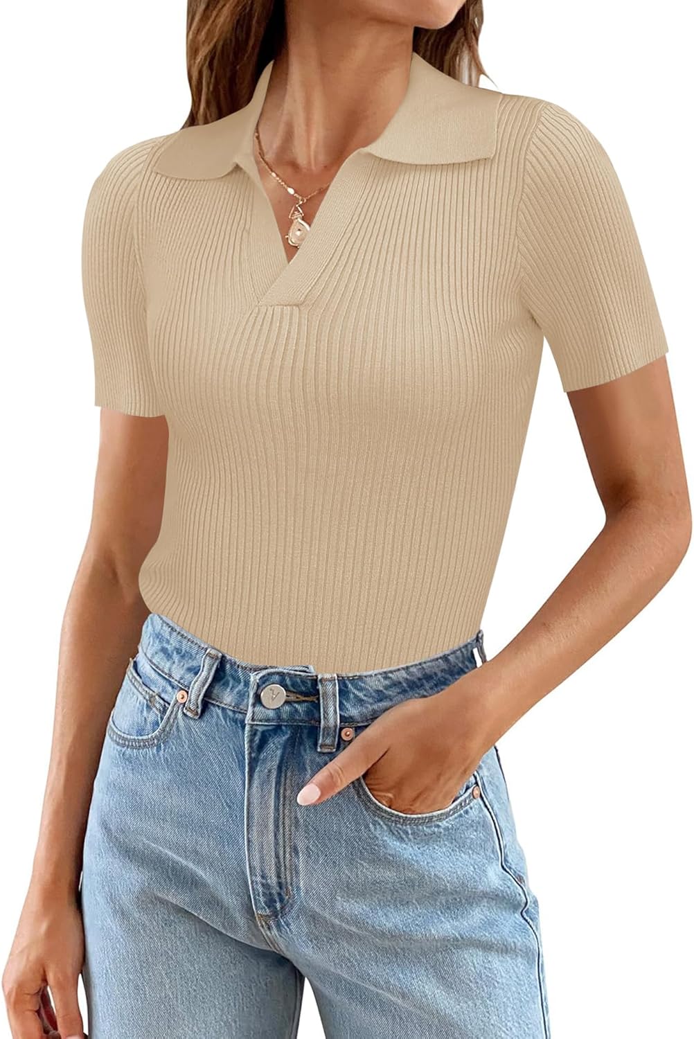Ivicoer Womens V Neck Sweaters Dressy Casual Short Sleeve Sweater Slim Fit Lightweight Knit Tops