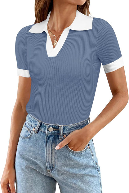 Ivicoer Womens V Neck Sweaters Dressy Casual Short Sleeve Sweater Slim Fit Lightweight Knit Tops