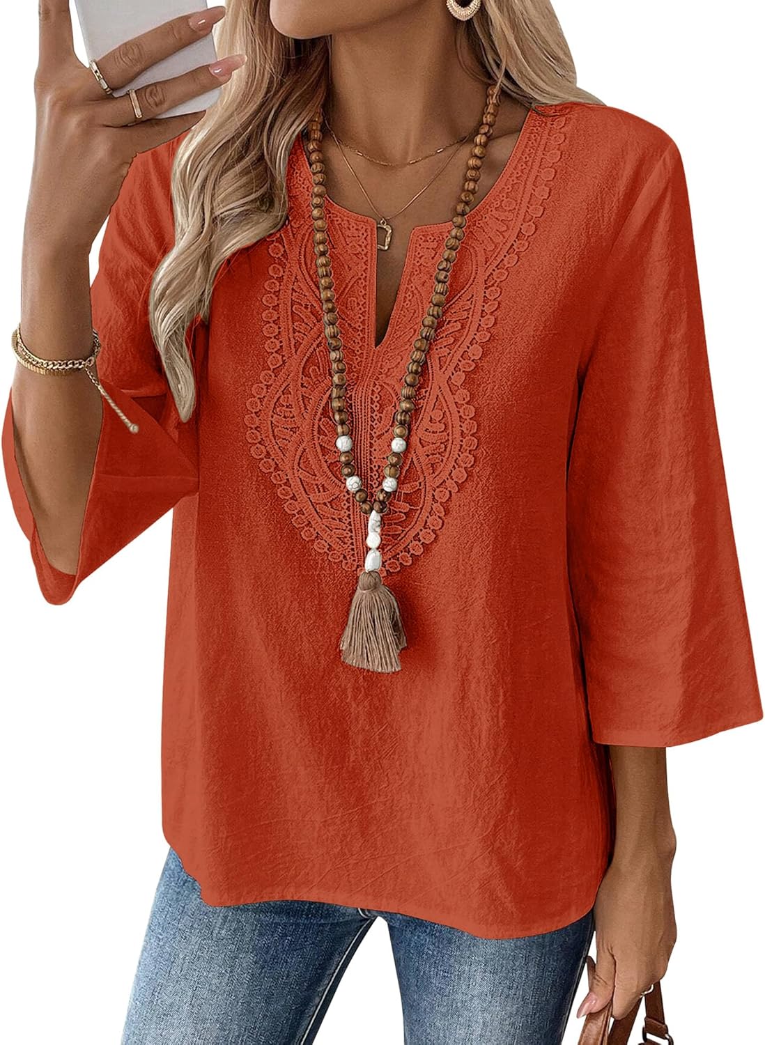 LOMON Womens 3/4 Sleeve Tops Cotton Linen Shirts V Neck Lace Casual Loose Fit Blouses Boho Fashion