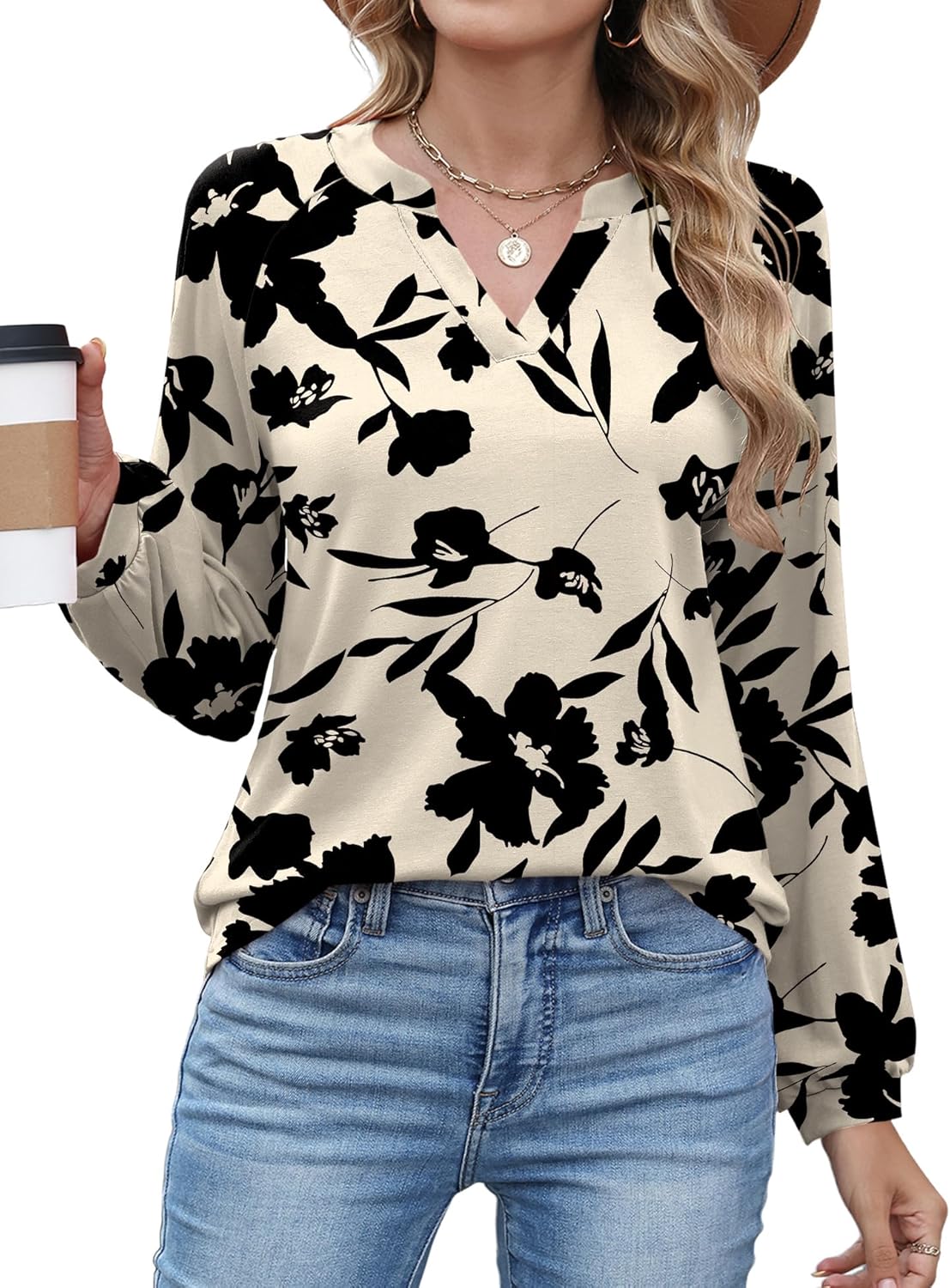 AKEWEI Women's Blouses V Neck Dressy Casual Lantern Long Sleeve Tops Business Work Raglan Shirts Fashion