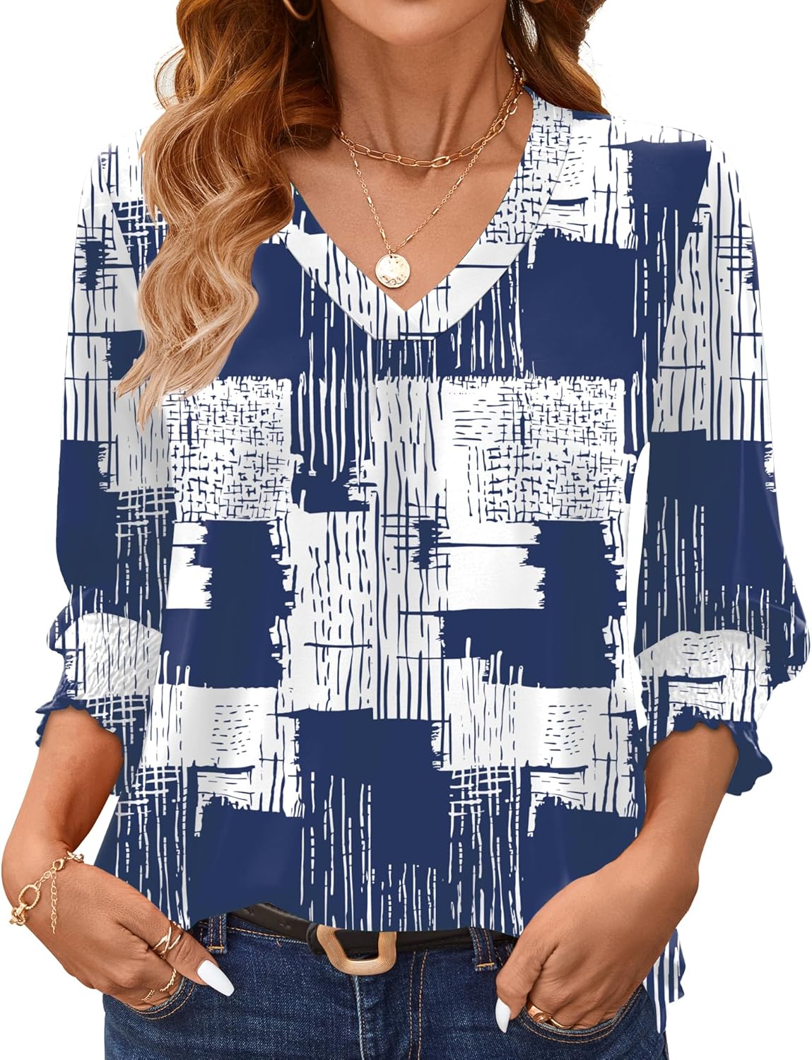 AKEWEI 3/4 Length Sleeve Womens Tops Summer Fashion V Neck Business Casual Blouses Smocked Shirts