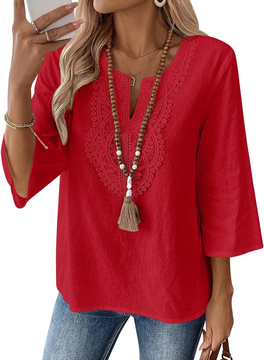 LOMON Womens 3/4 Sleeve Tops Cotton Linen Shirts V Neck Lace Casual Loose Fit Blouses Boho Fashion