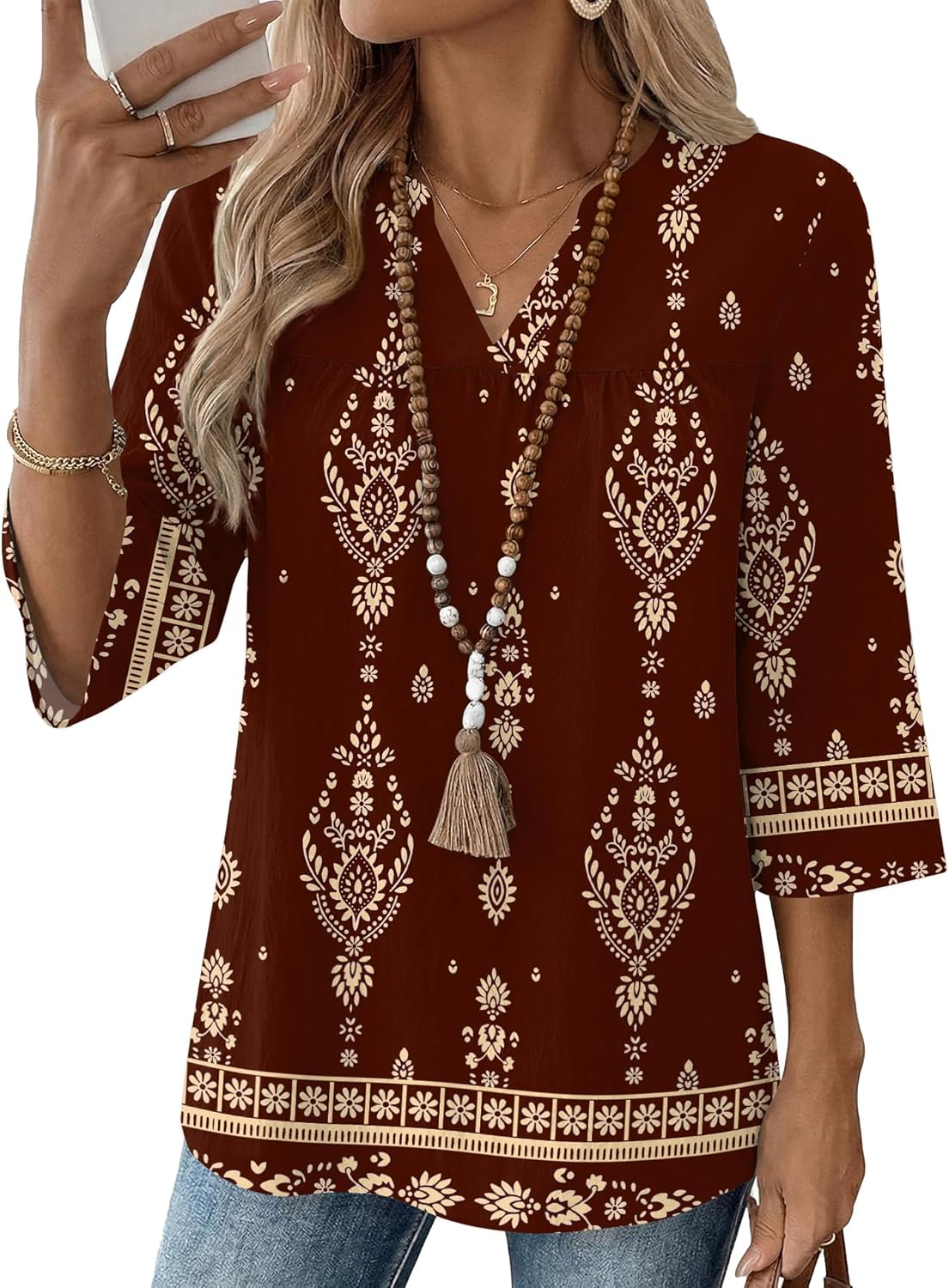Rapbin Womens 3/4 Sleeve V Neck Boho Pleated Blouses for Women Dressy Casual Loose Fit Tops