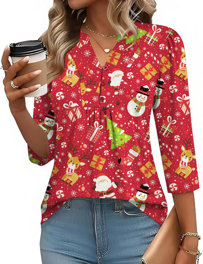 IECCP 3/4 Length Sleeve Womens Tops Dressy Casual Henley V-Neck Summer Tops Pleated T-Shirts Loose Fit Work Blouses