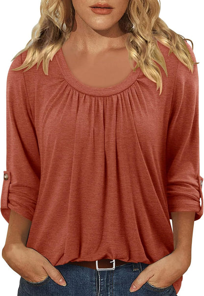 CRAZY GRID 3/4 Length Sleeve Women Tops Crewneck Pleated Cute Blouses Dressy Casual Summer T Shirts Loose Fit