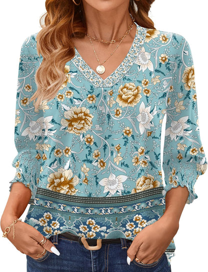 AKEWEI 3/4 Length Sleeve Womens Tops Summer Fashion V Neck Business Casual Blouses Smocked Shirts