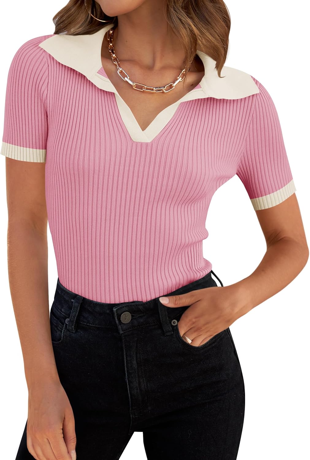 ZESICA Women's Short Sleeve V Neck T Shirts 2026 Summer Ribbed Knit Slim Fitted Basic Solid Color Tee Tops