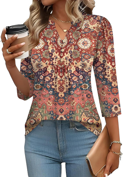 IECCP 3/4 Length Sleeve Womens Tops Dressy Casual Henley V-Neck Summer Tops Pleated T-Shirts Loose Fit Work Blouses
