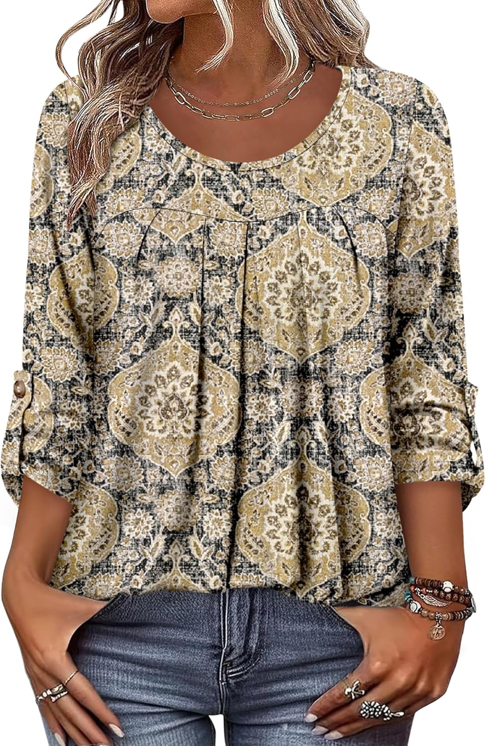 CRAZY GRID 3/4 Length Sleeve Women Tops Crewneck Pleated Cute Blouses Dressy Casual Summer T Shirts Loose Fit
