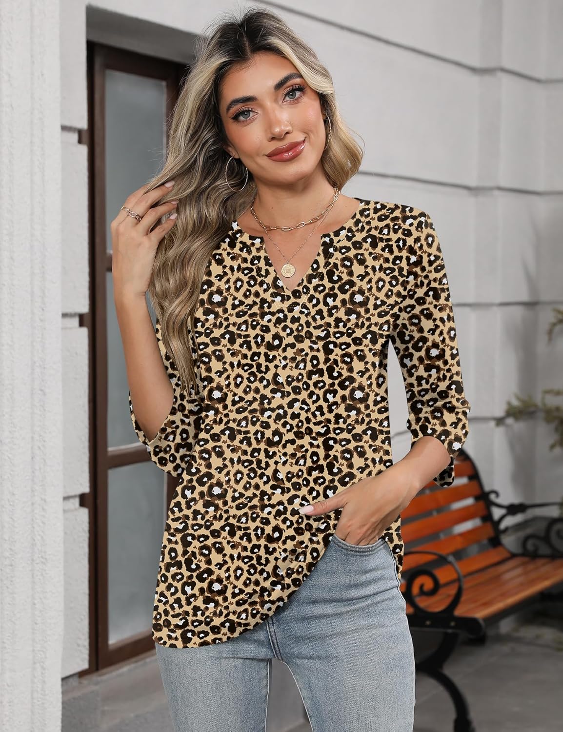 LOMON Three Quarter Sleeve Tops Woman Spring Basic Vneck Shirts Business Casual Outfits Leopard Print Tops for Women XL