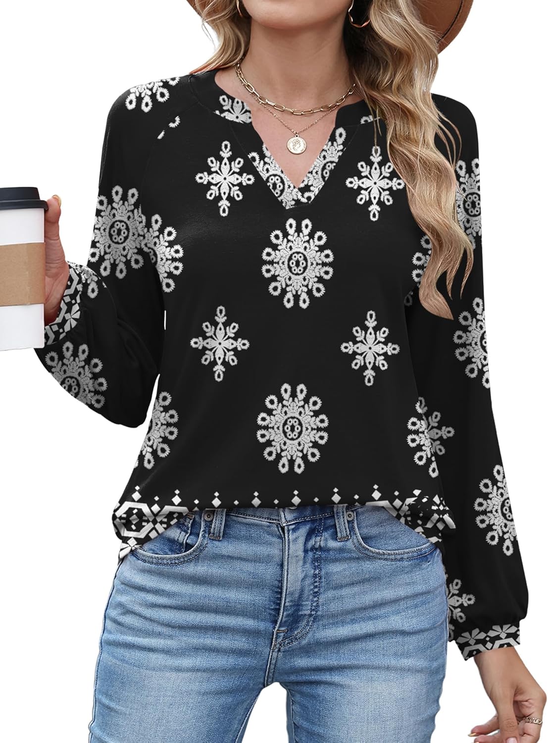 AKEWEI Women's Blouses V Neck Dressy Casual Lantern Long Sleeve Tops Business Work Raglan Shirts Fashion