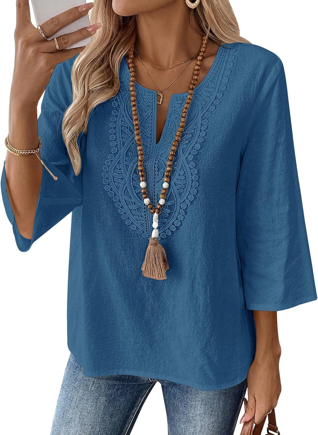 LOMON Womens 3/4 Sleeve Tops Cotton Linen Shirts V Neck Lace Casual Loose Fit Blouses Boho Fashion