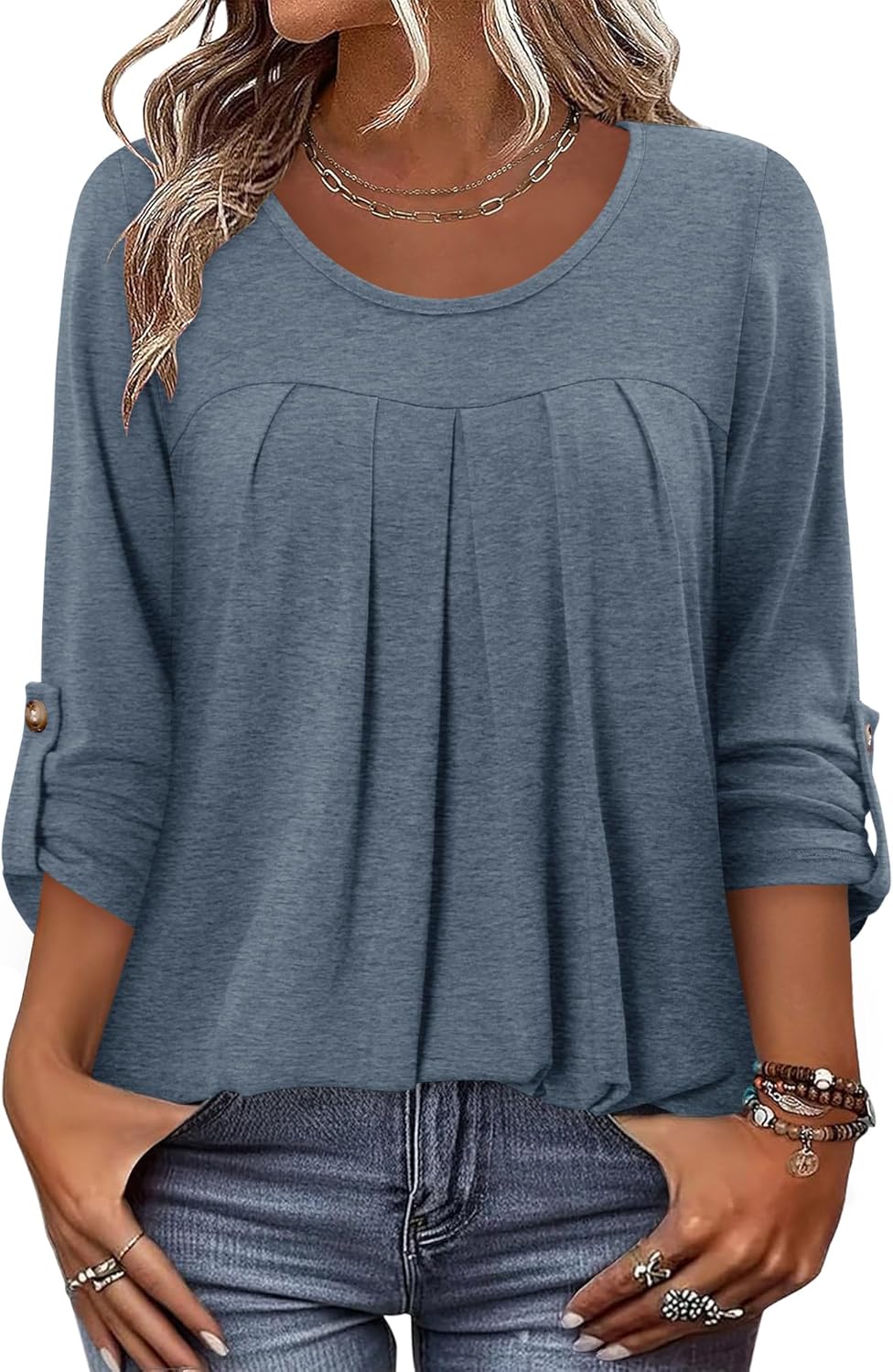 CRAZY GRID 3/4 Length Sleeve Women Tops Crewneck Pleated Cute Blouses Dressy Casual Summer T Shirts Loose Fit