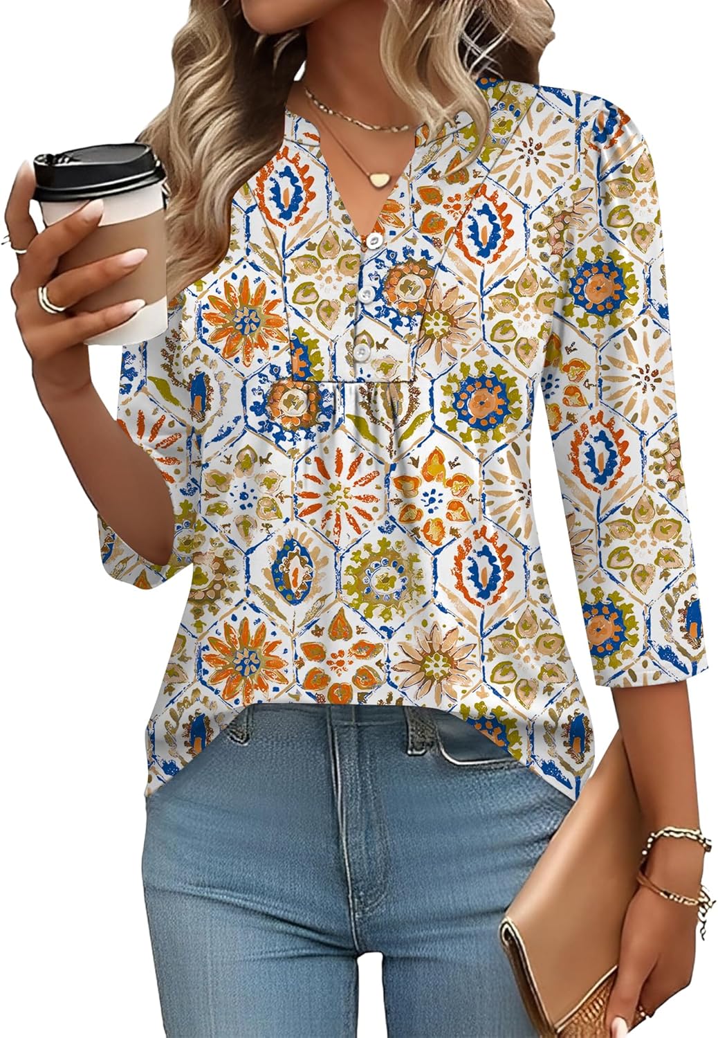 IECCP 3/4 Length Sleeve Womens Tops Dressy Casual Henley V-Neck Summer Tops Pleated T-Shirts Loose Fit Work Blouses