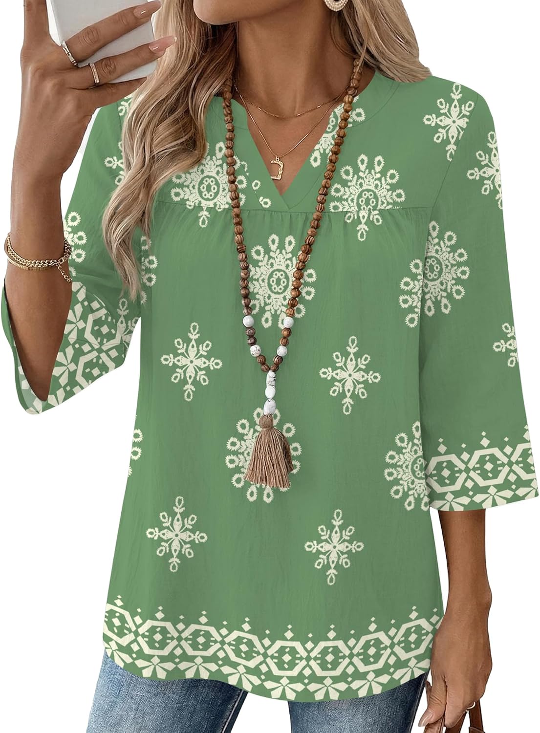 Rapbin Womens 3/4 Sleeve V Neck Boho Pleated Blouses for Women Dressy Casual Loose Fit Tops