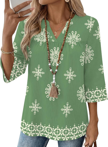 Rapbin Womens 3/4 Sleeve V Neck Boho Pleated Blouses for Women Dressy Casual Loose Fit Tops