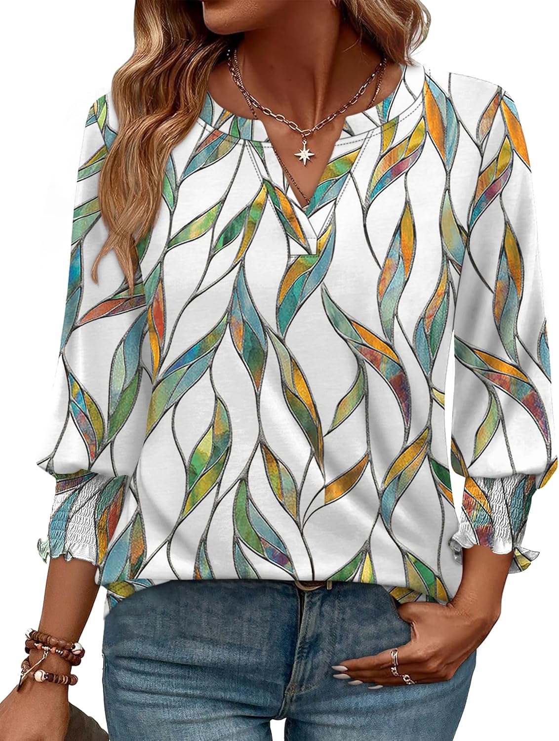 WIHOLL 3/4 Length Sleeve Womens Tops Summer Shirts Spring Vacation Outfits Dressy Casual Trendy Fall S-3XL