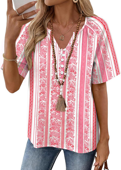 Rapbin Womens Summer Boho Tops Casual Short Sleeve Blouses Button Down Shirts 2026 Beach Vacation Clothes