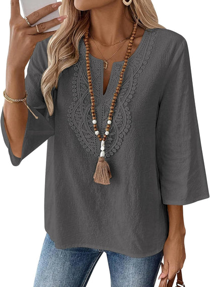 LOMON Womens 3/4 Sleeve Tops Cotton Linen Shirts V Neck Lace Casual Loose Fit Blouses Boho Fashion