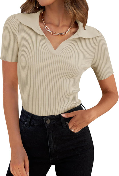 ZESICA Women's Short Sleeve V Neck T Shirts 2026 Summer Ribbed Knit Slim Fitted Basic Solid Color Tee Tops