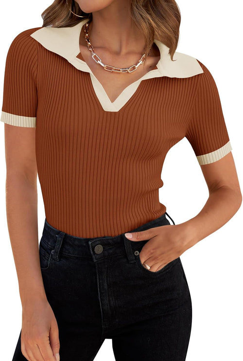 ZESICA Women's Short Sleeve V Neck T Shirts 2026 Summer Ribbed Knit Slim Fitted Basic Solid Color Tee Tops