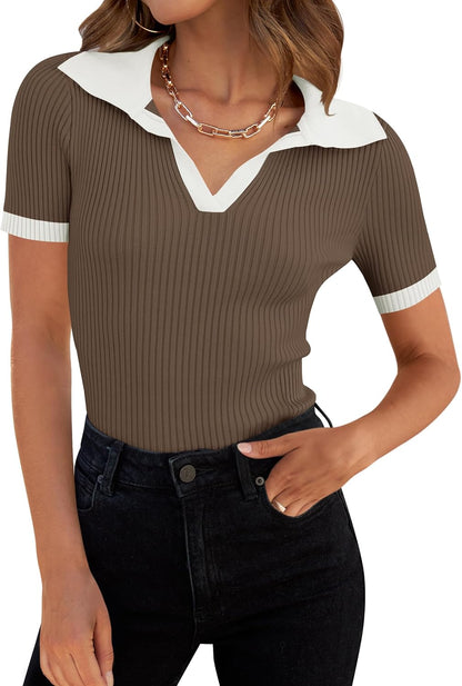 ZESICA Women's Short Sleeve V Neck T Shirts 2026 Summer Ribbed Knit Slim Fitted Basic Solid Color Tee Tops