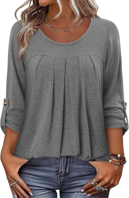 CRAZY GRID 3/4 Length Sleeve Women Tops Crewneck Pleated Cute Blouses Dressy Casual Summer T Shirts Loose Fit