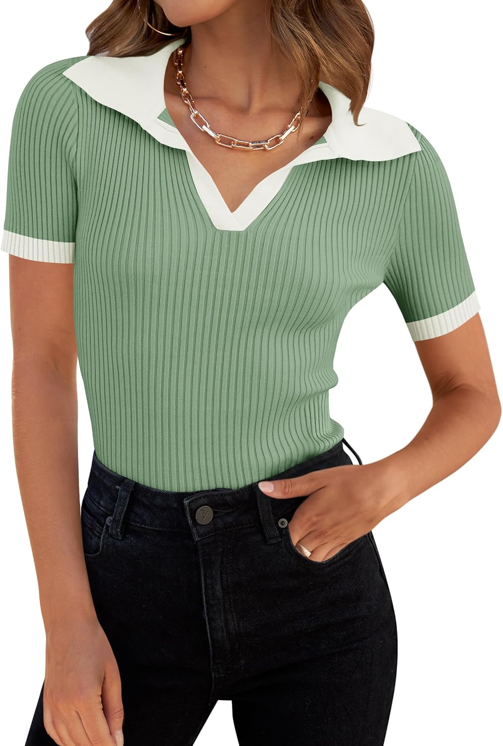 ZESICA Women's Short Sleeve V Neck T Shirts 2026 Summer Ribbed Knit Slim Fitted Basic Solid Color Tee Tops