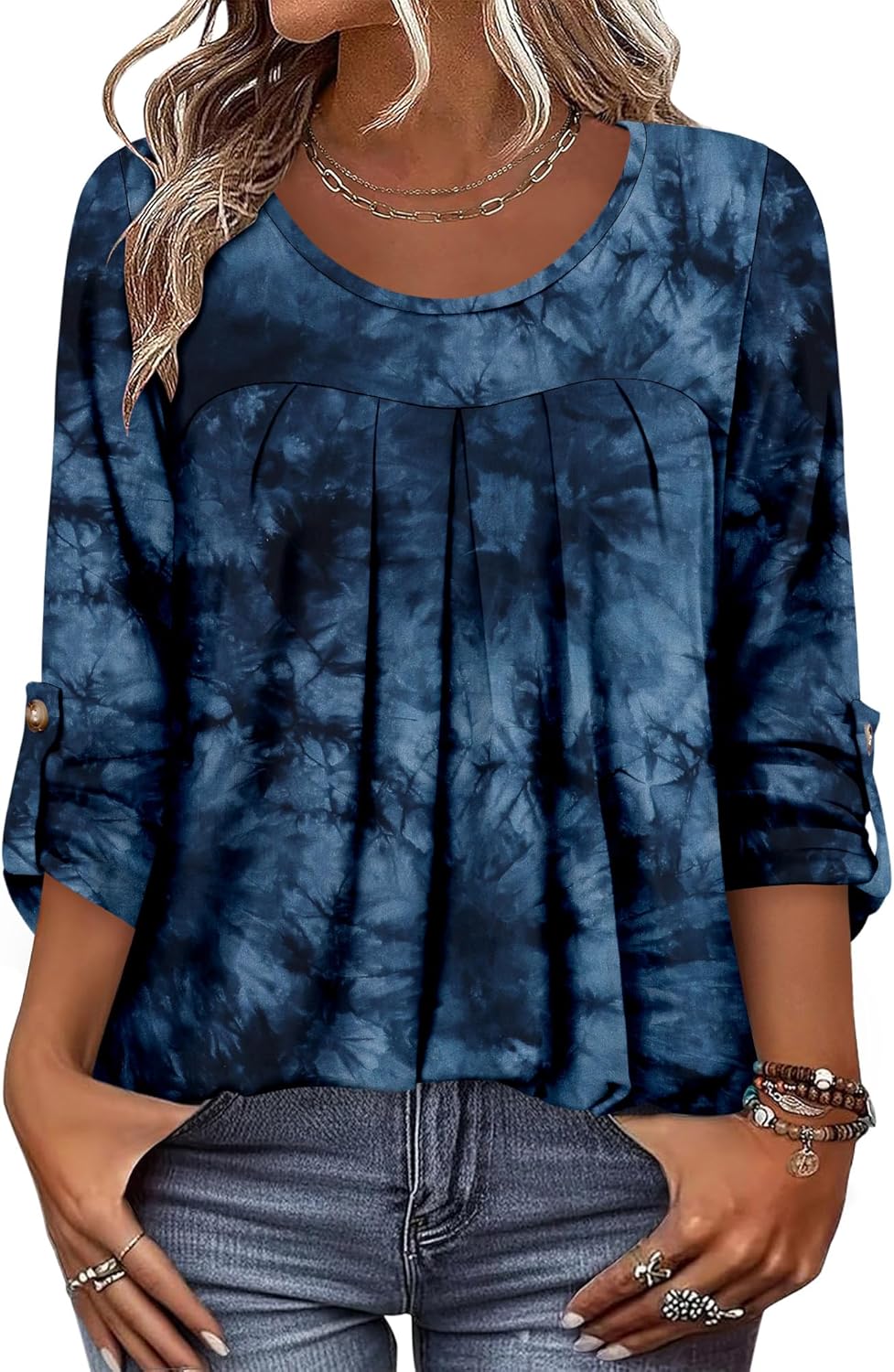 CRAZY GRID 3/4 Length Sleeve Women Tops Crewneck Pleated Cute Blouses Dressy Casual Summer T Shirts Loose Fit