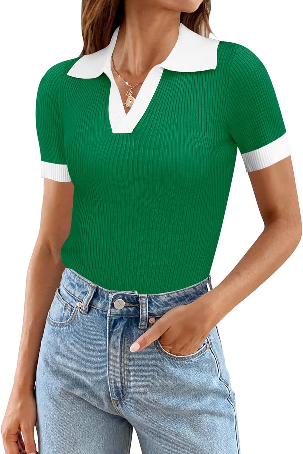Ivicoer Womens V Neck Sweaters Dressy Casual Short Sleeve Sweater Slim Fit Lightweight Knit Tops