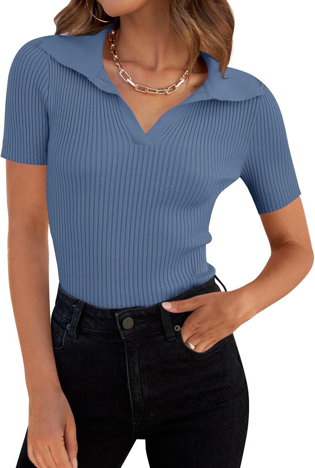 ZESICA Women's Short Sleeve V Neck T Shirts 2026 Summer Ribbed Knit Slim Fitted Basic Solid Color Tee Tops