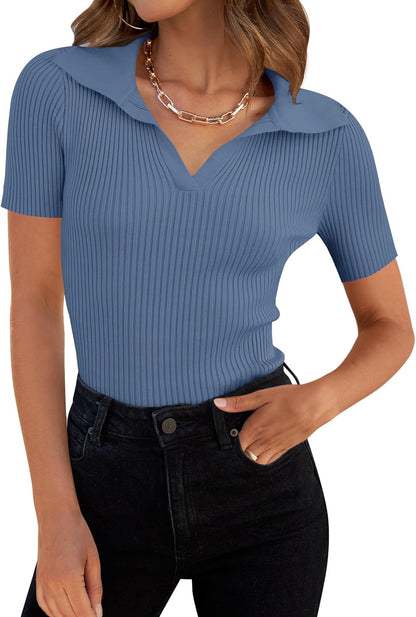 ZESICA Women's Short Sleeve V Neck T Shirts 2026 Summer Ribbed Knit Slim Fitted Basic Solid Color Tee Tops