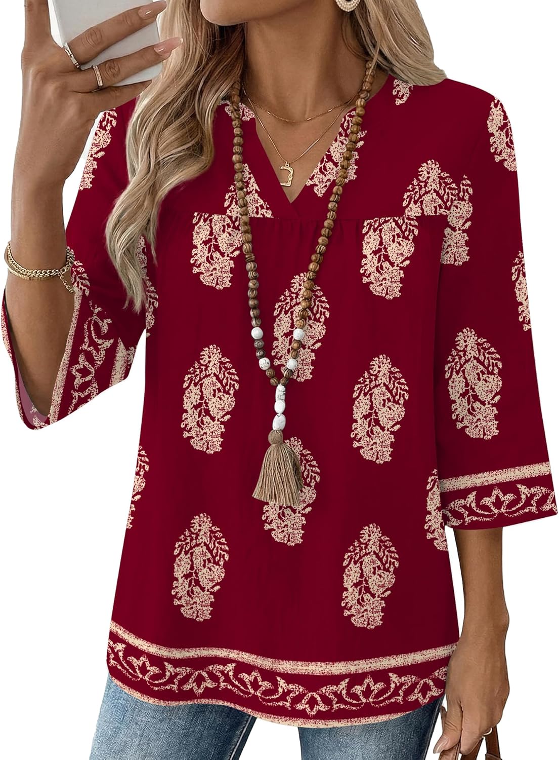 Rapbin Womens 3/4 Sleeve V Neck Boho Pleated Blouses for Women Dressy Casual Loose Fit Tops