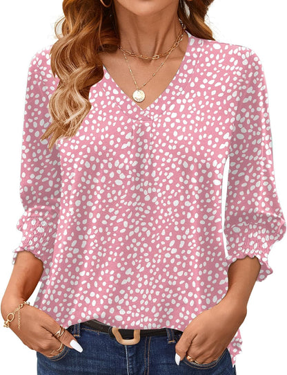 AKEWEI 3/4 Length Sleeve Womens Tops Summer Fashion V Neck Business Casual Blouses Smocked Shirts