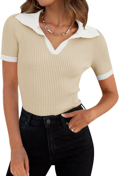 ZESICA Women's Short Sleeve V Neck T Shirts 2026 Summer Ribbed Knit Slim Fitted Basic Solid Color Tee Tops