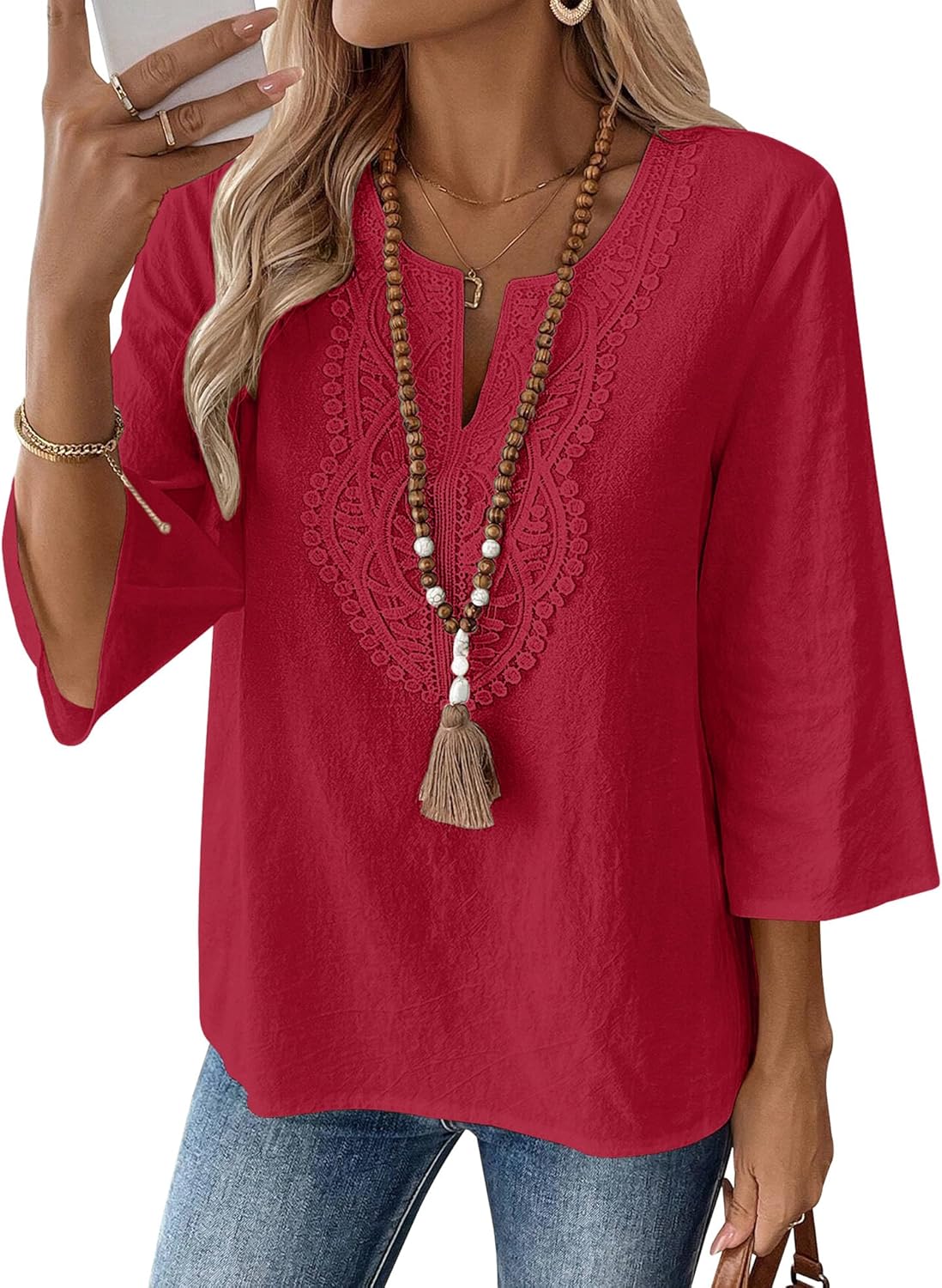 LOMON Womens 3/4 Sleeve Tops Cotton Linen Shirts V Neck Lace Casual Loose Fit Blouses Boho Fashion