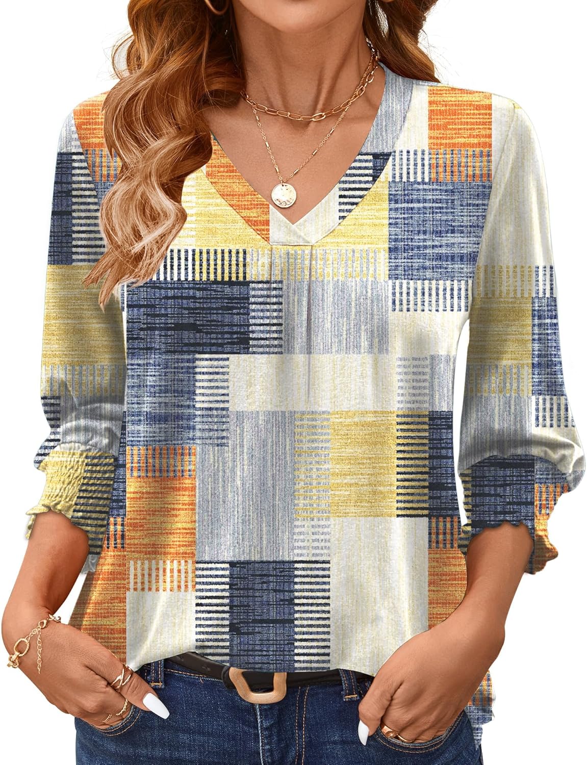 AKEWEI 3/4 Length Sleeve Womens Tops Summer Fashion V Neck Business Casual Blouses Smocked Shirts