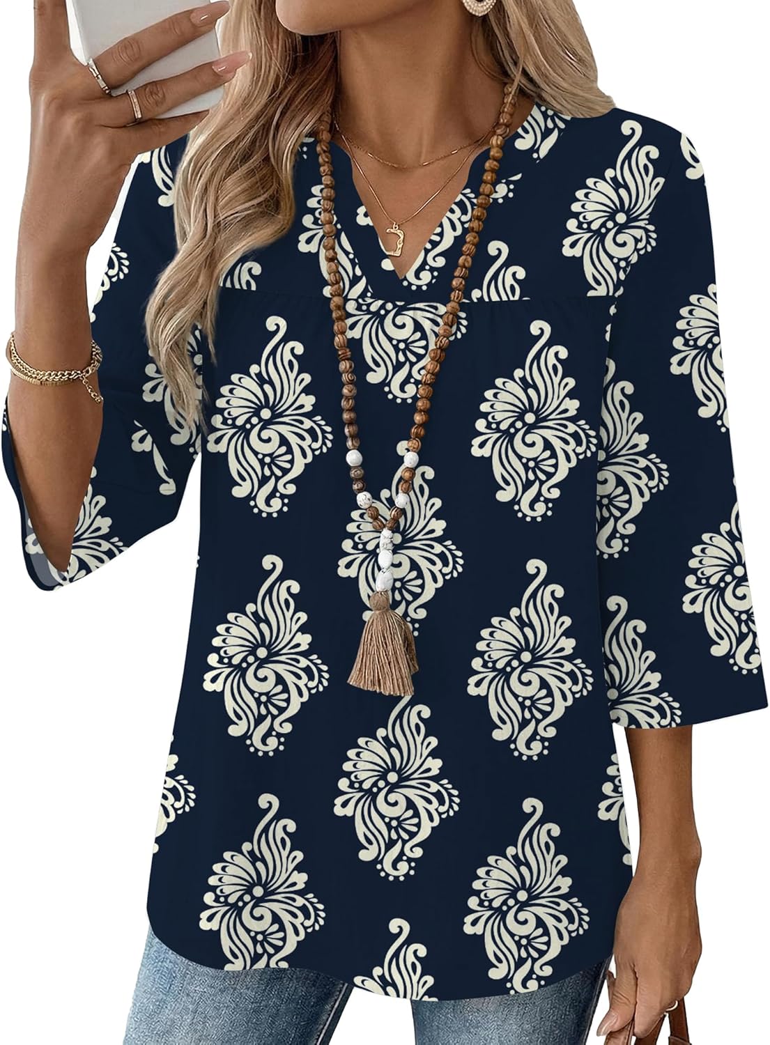 Rapbin Womens 3/4 Sleeve V Neck Boho Pleated Blouses for Women Dressy Casual Loose Fit Tops